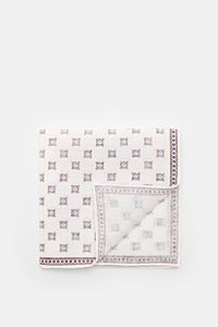 Rosi Collection Linen pocket square 'Fox' white/brown/blue patterned, pure linen, soft feel, floral print with edging, rolled edges, made in Italy, 31x31 cm, top-down view.