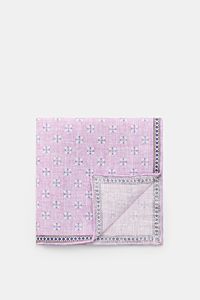 Rosi Collection Linen-pocket square 'Fox' lilac/blue/off-white patterned, pure linen with soft feel, floral print with edging, rolled edges, made in Italy, 31x31 cm, flat lay top view showing folded corner.
