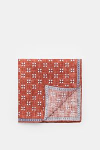 Rosi Collection Linen-pocket square 'Fox' blue/dark brown/off-white patterned, pure linen with soft feel, floral print with edging, rolled edges, made in Italy, 31 x 31 cm, photographed from above with corner folded.