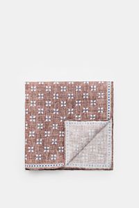 Rosi Collection Linen pocket square 'Fox' brown/blue/off-white patterned, folded with corner turned up, pure linen, soft feel, floral print with edging, rolled edges, made in Italy, 31 cm x 31 cm, top-down view.