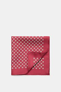 Brunello Cucinelli Seiden-Einstecktuch dunkelrot/hellgrau/navy gestreift, reine Seide, handrollierte Kanten, glatt liegend, von oben fotografiert, ca. 35x35 cm.