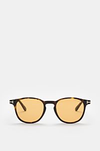 Tom Ford Sonnenbrille 'Holt' dunkelbraun meliert/gelb, frontale Nahaufnahme, leicht gerundete Silhouette, melierte Acetat-Fassung, gelbe Kunststoffgläser, UV-Schutz.
