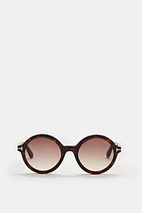 Front view of Tom Ford Sonnenbrille 'Nicolette' dunkelbraun gemustert with round acetate frame, tortoiseshell pattern, gradient lenses, 'T' detail, UV protection, and velvet case.