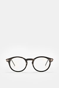 Tom Ford Horn Brille 'Private Collection' schwarz/graubraun/weiß gemustert, front view of round horn frame glasses with blue light filter lenses, T-shaped details, includes leather case, horn polish set, and cleaning cloth. Stilvoller Eyecatcher: Die exkl