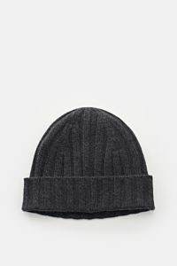 von Braun Cashmere Mütze anthrazit meliert, von oben fotografiert, mit klassischem Rippstrickmuster, schmalem Umschlag, feinem Strickbild, sehr weich und aus reinem mongolischem Cashmere