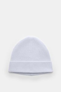 von Braun Cashmere Mütze hellblau, von oben fotografiert, feines Rippstrickmuster, schmaler Umschlag, reine mongolische Cashmere, sehr weich