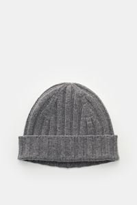 von Braun Cashmere Mütze grau meliert in Draufsicht, weicher Griff, feines Strickbild, klassisches Rippstrickmuster, schmaler Umschlag, reiner Cashmere.
