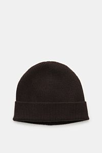 von Braun Cashmere Mütze dunkelbraun, weicher Griff, feines Patentstrickmuster, schmaler Umschlag, frontal aus leichter Vogelperspektive fotografiert