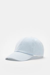 Front-side view of 04651/ A trip in a bag Terry baseball cap 'Terry' pastel blue in soft cotton terry with adjustable closure, six-panel style, and soft feel; spring awakening stylish baseball cap offering good protection, sporty or trendy preppy look.