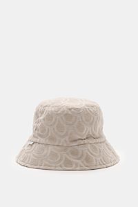 04651/ A trip in a bag Wende-Frottee Bucket Hat beige, Baumwoll-Frottee mit Seersucker-Futter, schmale Krempe, weich, von vorne fotografiert.