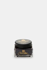 Front view of Crockett & Jones Shoe polish brown 75 ml in a square glass jar with a black lid, gold lettering, nourishing cream polish for smooth leather with high wax content, keeps leather supple, enhances colour and shine.