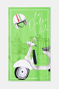 Zeybra Portofino 1962 Strandtuch neongrün gemustert mit Scooter- und Helm-Print, feine Microfaser, glatter Griff, frontal fotografiert.
