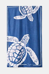 Zeybra Portofino 1962 Strandtuch dunkelblau gemustert mit Schildkröten-All-Over-Print, feine Microfaser, glatter Griff, von oben fotografiert.