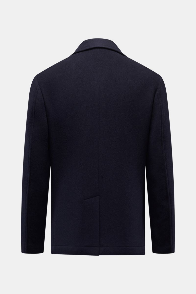 Corneliani Cabanjacke navy, Slim Fit, aus Schurwolle und Seide, Rückansicht mit breitem Reverskragen, Rückenmittelschlitz, zwei Innentaschen.