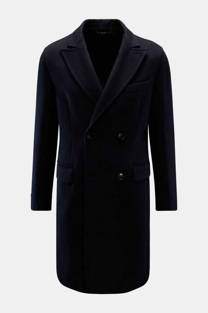 Front view of a dark navy wool double-breasted coat with lapels and flap pockets, Manzoni 24 Mäntel - U640.