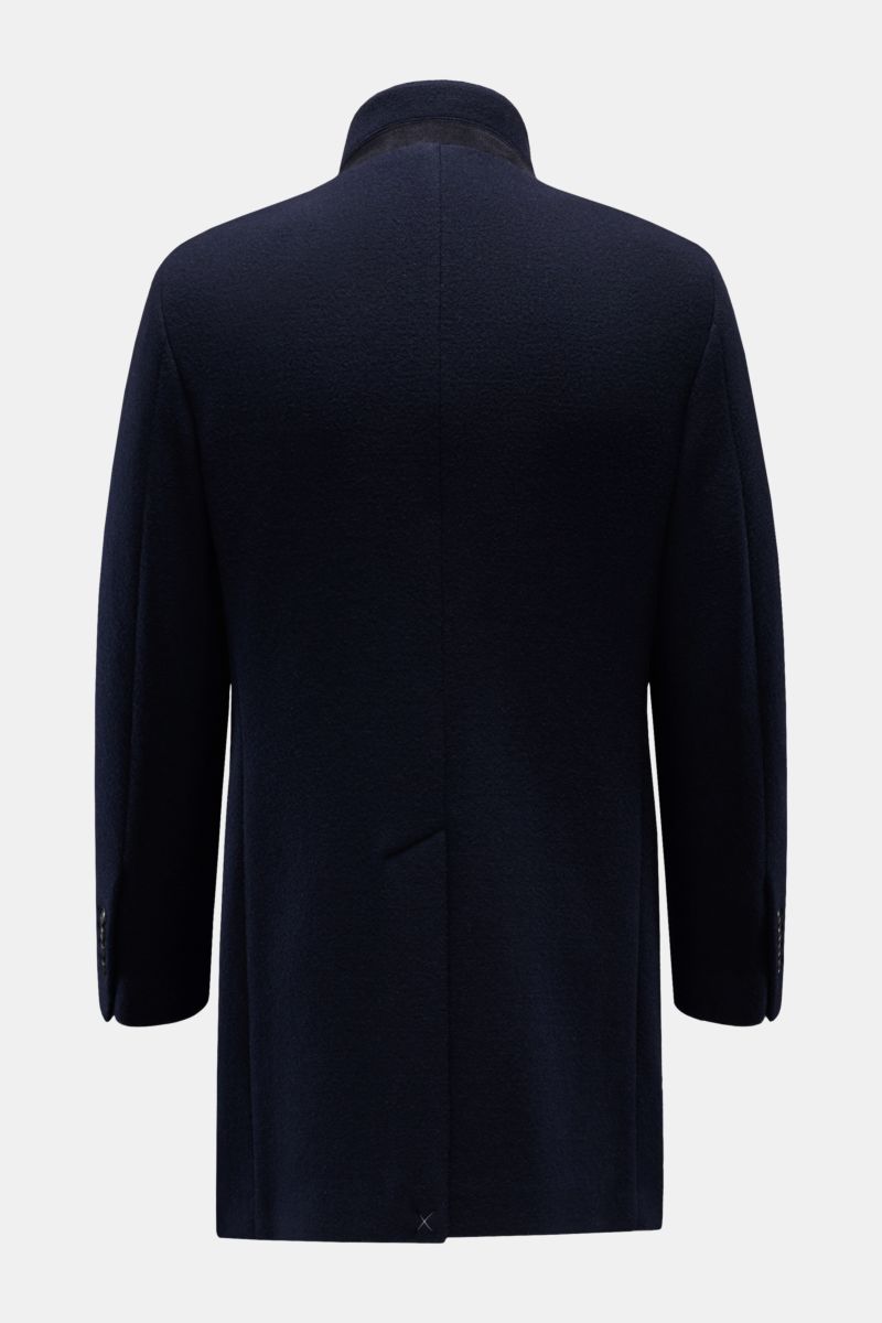 Fay Jersey-Mantel 'Duty Coat' navy Rückansicht, Slim Fit, melierte Wolle-Microfaser, variabler Reverskragen mit Lederbesatz, Rückenmittelschlitz.