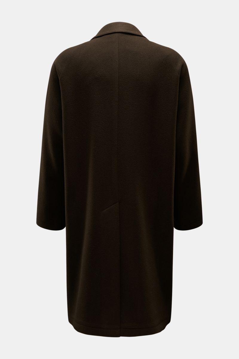 Tagliatore Mantel 'Lloyd' dunkelbraun aus reiner Schurwolle, Rückansicht, Regular Fit, halb gefüttert, mit Rückenmittelschlitz.