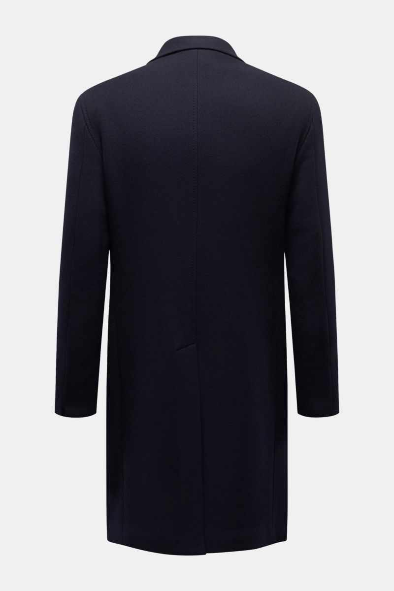 Tagliatore Wollmantel navy aus reiner Doubleface-Wolle, Slim Fit, Rückenansicht mit Rückenmittelschlitz, weichem Griff und schlanker Silhouette.