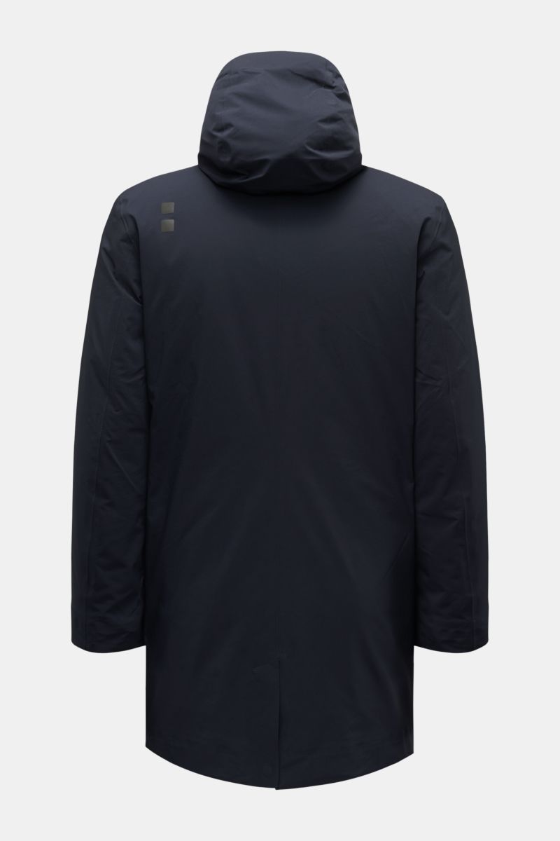 UBR Mantel 'Black Storm' dark navy, Rückansicht mit Kapuze, wasserdicht, atmungsaktiv, Slim Fit, getapte Nähte, herausnehmbare Primaloft-Wattierung.
