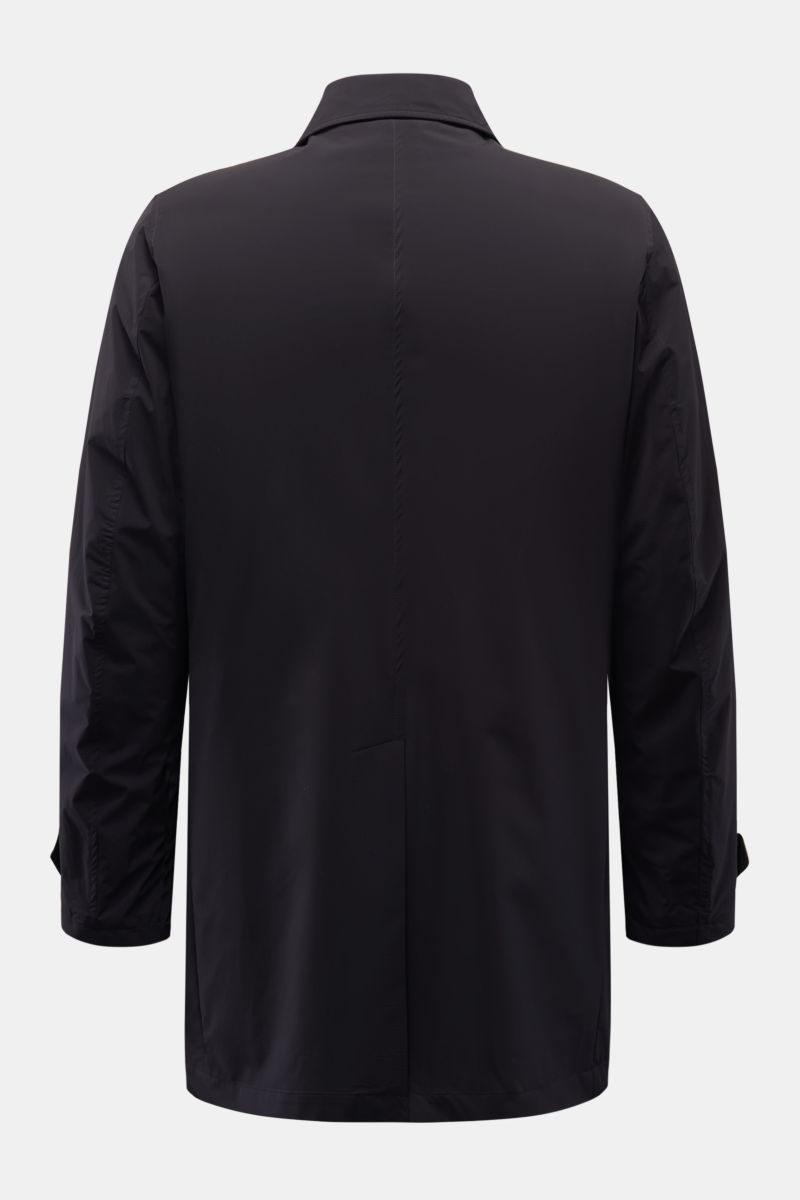 Moorer Kurzmantel 'Vittor' navy Rückansicht, wasserabweisend, Slim Fit, Microfaser, Vier-Knopf-Leiste, Umlegekragen, paspelierte Taschen, Knopfärmel, Rückenmittelschlitz.
