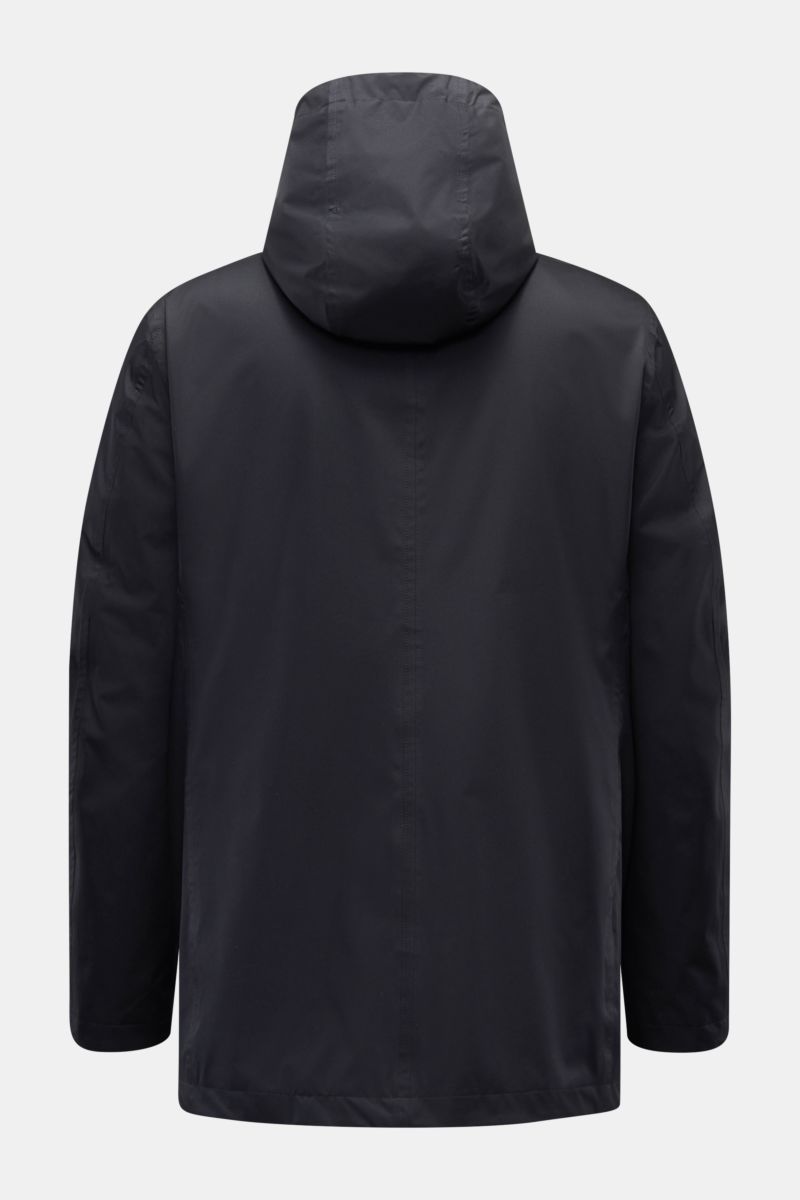 Rear view of Moorer Short coat 'Tiglio' dark navy in waterproof microfiber with hood, smooth lining, slim fit, and taped seams, ideal for changeable weather.