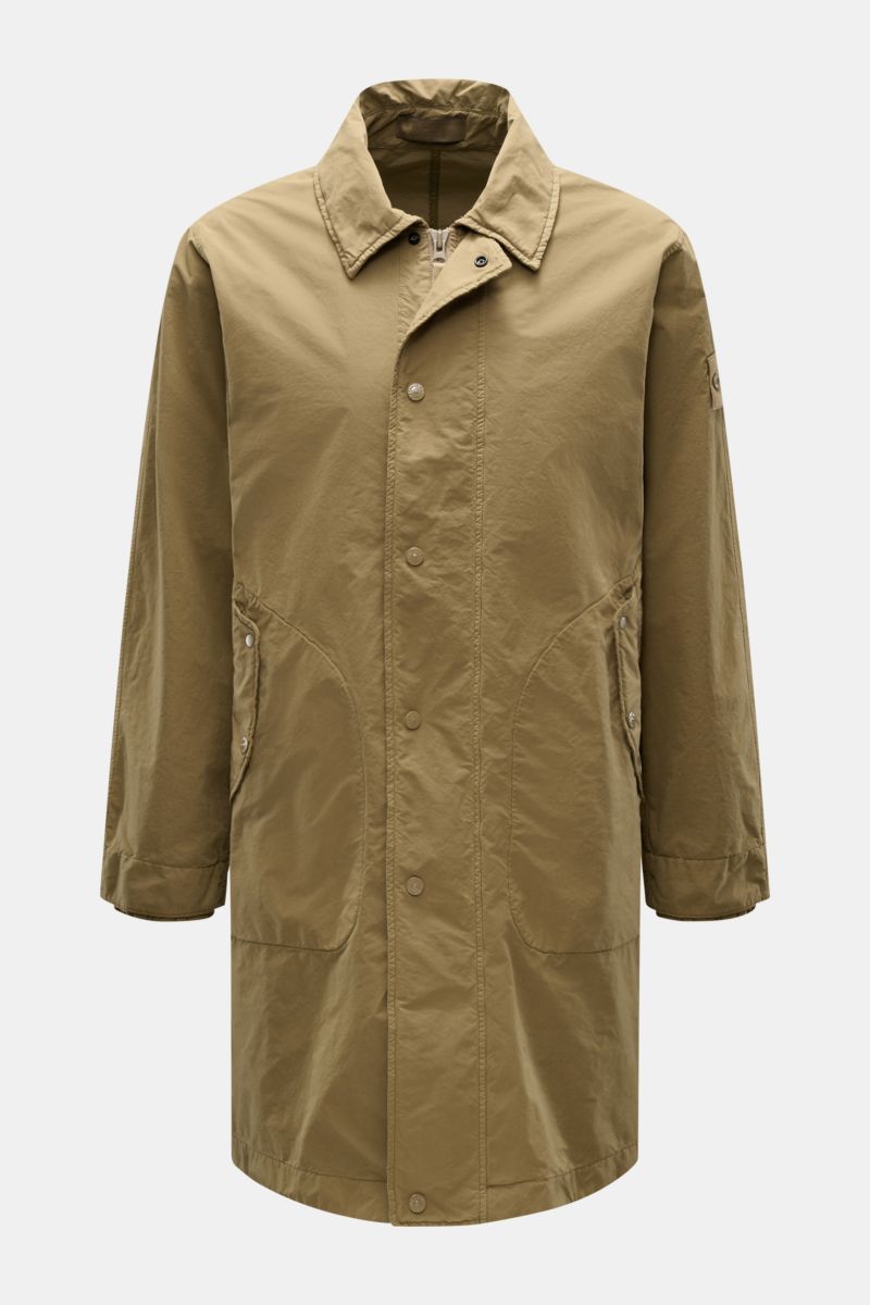 Stone Island Coat 'Ghost Piece' khaki shown from the front, lightweight, slim fit, water repellent microfibre with turn-down collar and snap button pockets.
