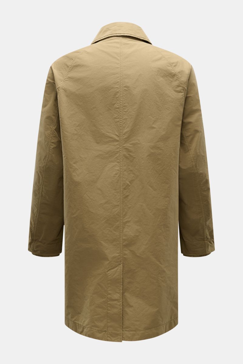 Stone Island Coat 'Ghost Piece' khaki shown from the back, lightweight, slim fit, water-repellent microfibre with turn-down collar and buttoned centre back vent.