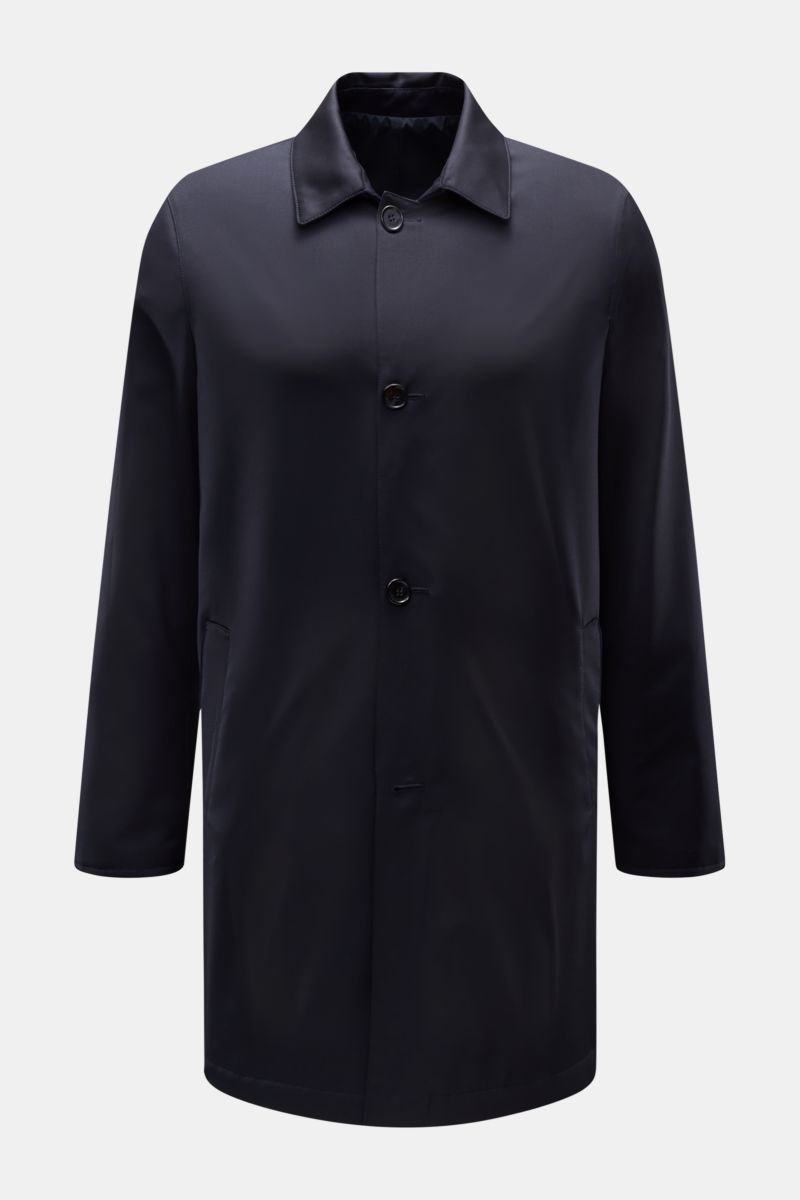 Mandelli Wende-Kurzmantel navy, Slim Fit, reine Wolle, weicher Griff, Umlegekragen, Vier-Knopf-Leiste, paspelierte Taschen, Rückenmittelschlitz, wendbar, frontal fotografiert.