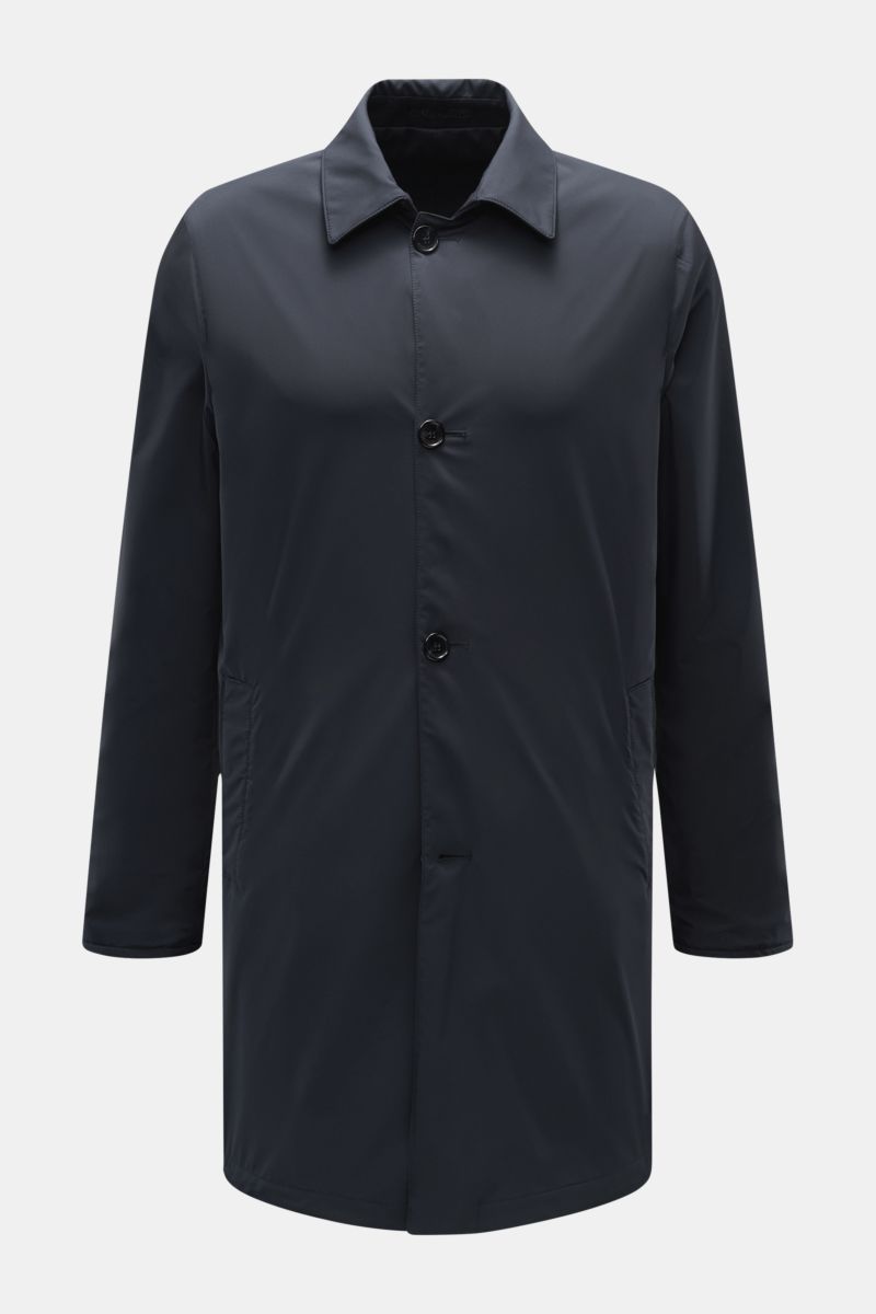 Mandelli Wende-Kurzmantel navy, frontal fotografiert, Slim Fit, reine Wolle, weicher Griff, vier-Knopf-Leiste, Umlegekragen, paspelierte Fronttaschen, Rückenmittelschlitz, geschmeidiger Futterstoff, wendbar.