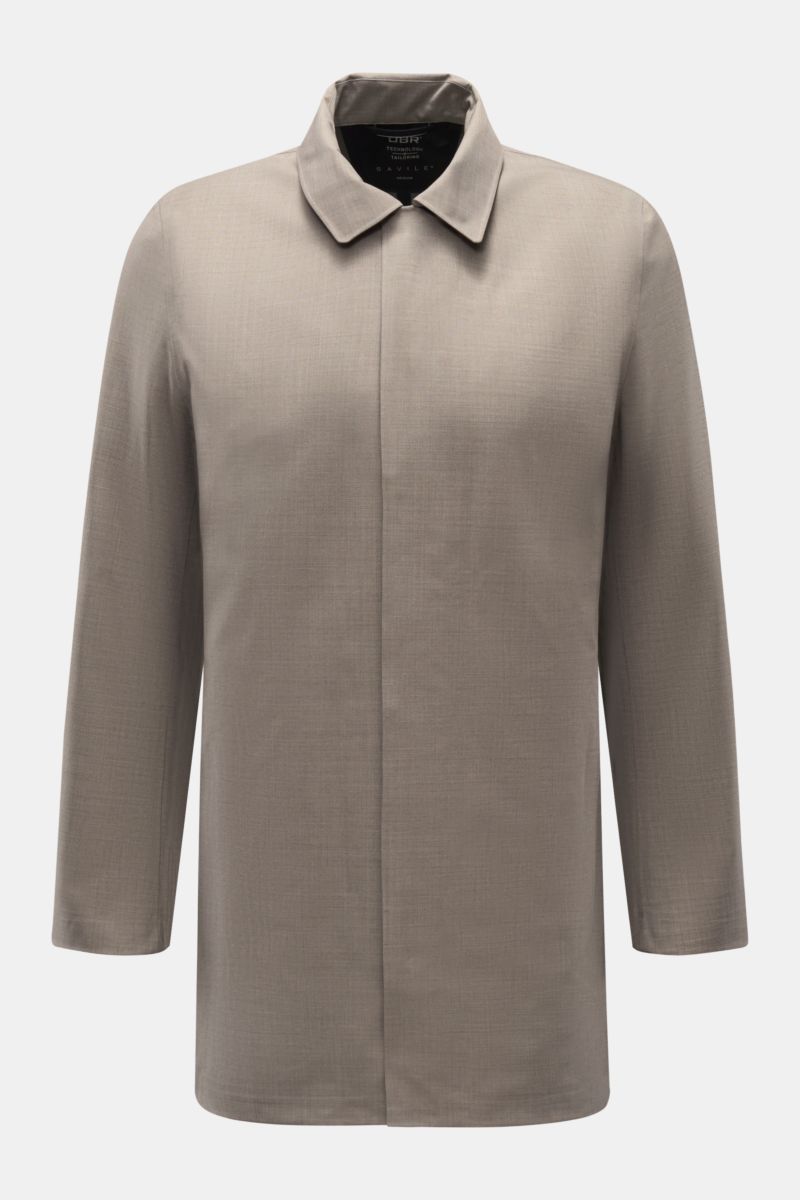 Front view of the UBR Rain coat 'Sky Fall Savile' taupe mottled, a slim fit, lightweight raincoat with a turn-down collar and concealed zip.

The incredibly lightweight rain coat 'Sky Fall Savile' by UBR is made of smart merino wool and microfibre for 