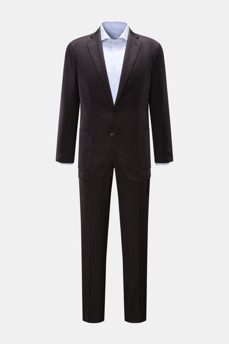 Front view of a Boglioli Anzug dark navy suit featuring unconstructed design in pure virgin wool with tonal stripe pattern, slim fit, soft texture, and lightweight fabric. The jacket has a tailored two-button style, notch lapel, classic chest pocket, patc