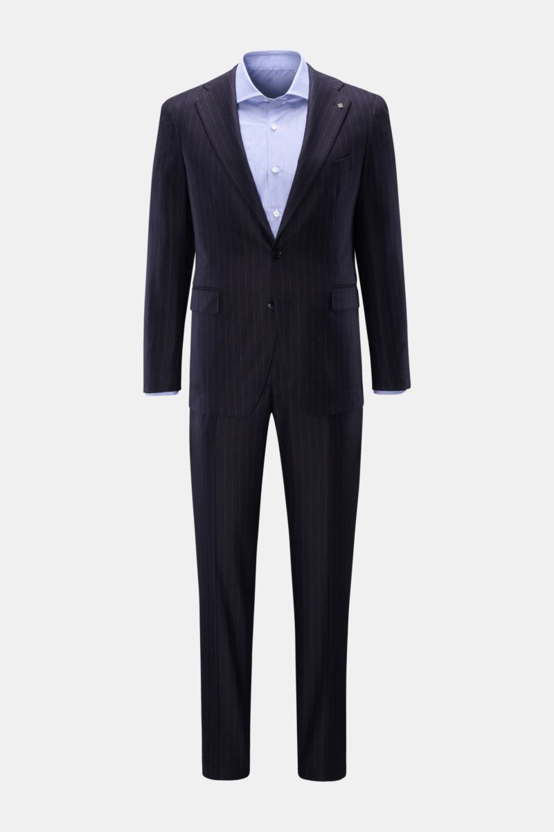 Tagliatore Anzug 'Vesuvio' navy gestreift, Slim Fit Zweiteiler aus reiner, leicht elastischer Schurwolle, frontale Ansicht mit tailliertem Sakko und regulär schmal zulaufender Hose.