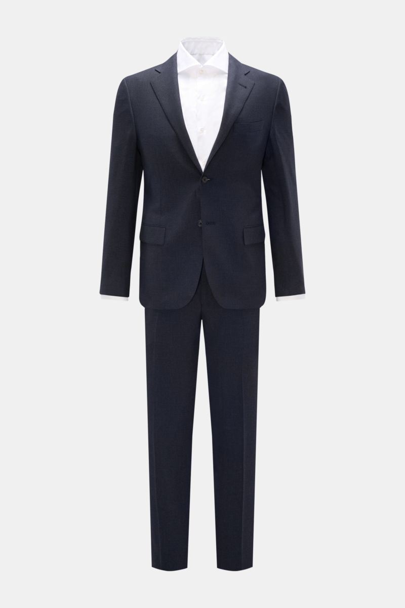 Frontansicht des Corneliani Anzugs navy meliert aus Schurwolle, Seide und Leinen, Slim Fit, tailliertes Zwei-Knopf-Sakko mit fallendem Revers, Brusttasche, Hüfttaschen mit Patte, unfertigen Ärmelabschlüssen, Seitenschlitzen, vier Innentaschen, geschmeidig