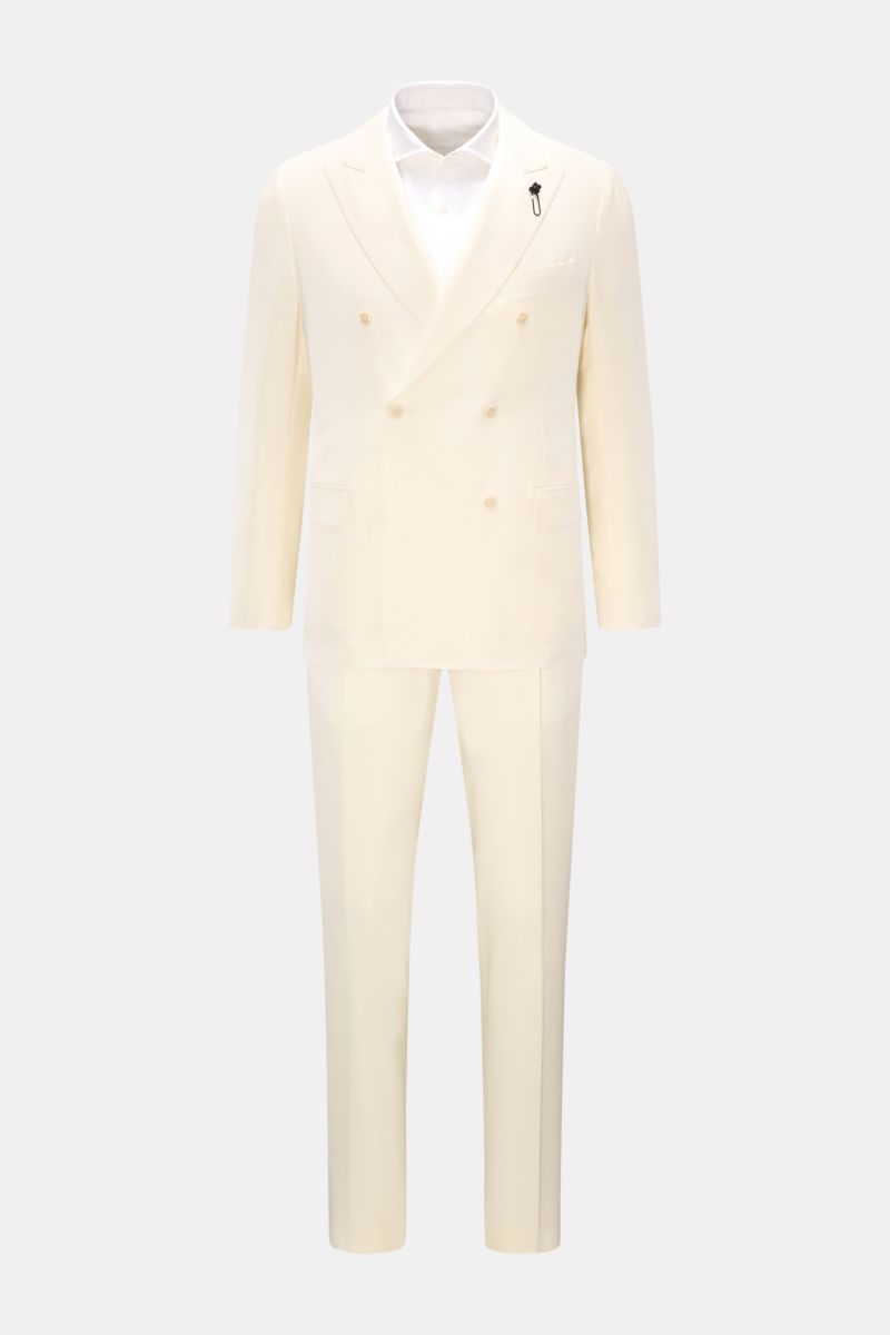 Lardini Anzug creme aus reiner Schurwolle, Slim Fit Sakko mit floralem Pin, zweireihig, Regular Fit Hose, frontale Produktansicht.