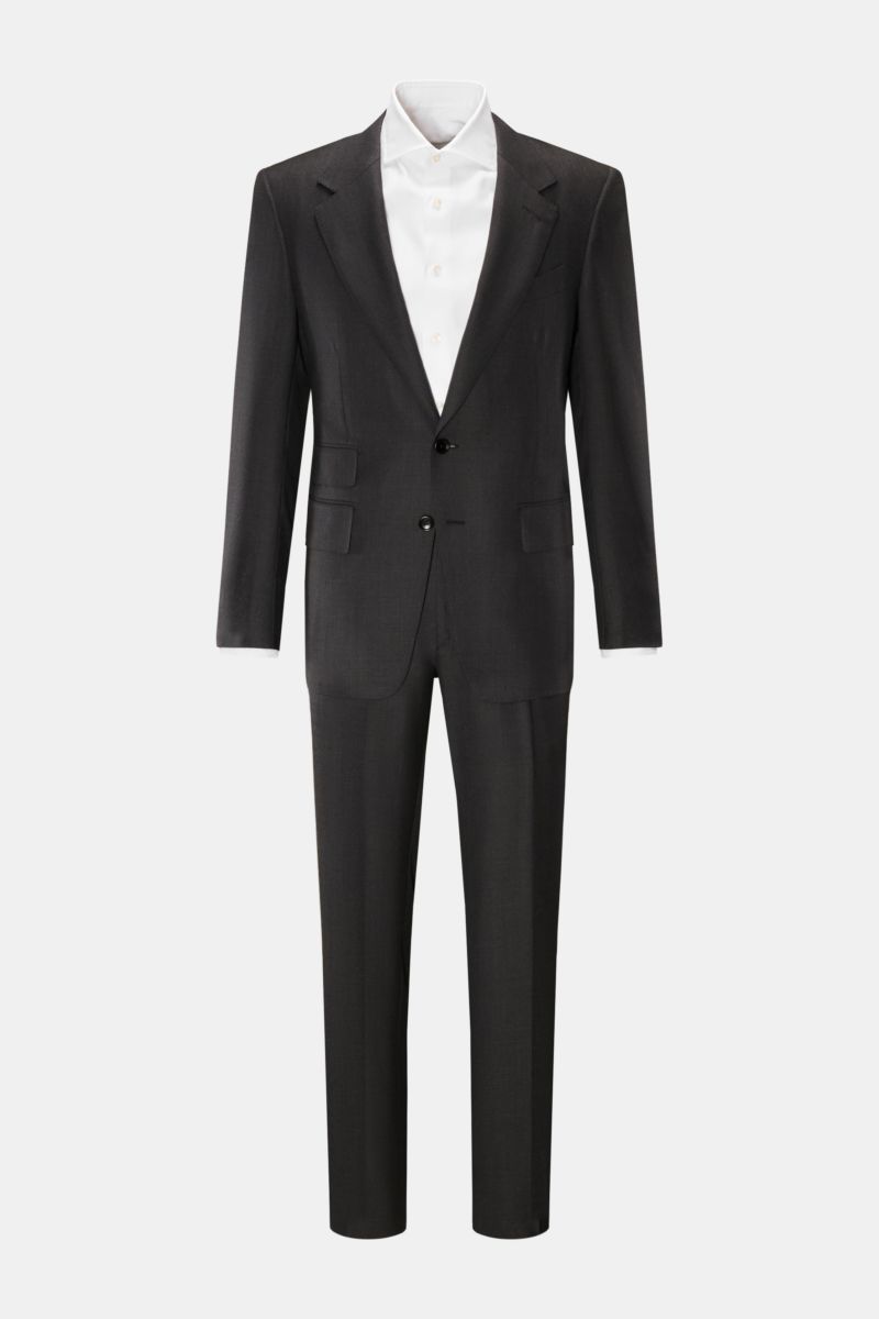 Front view of the Tom Ford Anzug 'Shelton' anthrazit meliert, a slim fit suit in pure wool with a tailored two-button jacket and tapered pants with side adjusters.
