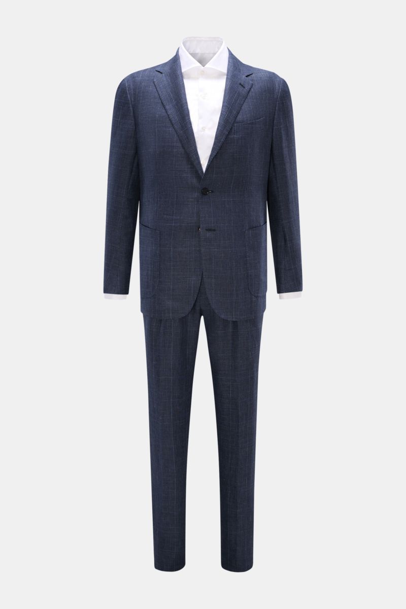 Front view of Stile Latino Anzug 'Vincenzo' navy/graublau kariert, a slim fit Prince-of-Wales patterned suit in wool-linen mix with button-fly trousers, side-adjusters, and a three-button blazer with patch pockets and unfinished sleeves, showcasing timele