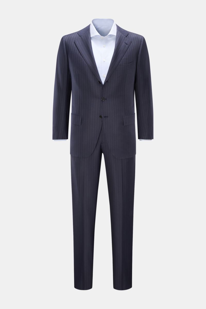 Front view of Cesare Attolini Suit navy striped, a slim fit, navy pinstripe suit made of pure Super 160's wool with a fitted three-button jacket and tapered trousers. Neapolitan tailoring in perfection: Made of fine knit Super 160'S wool with classic pin 