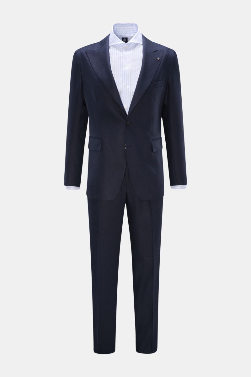 Tagliatore Leinenanzug 'Vesuvio' navy, halb gefüttert, Slim Fit, tailliertes Sakko mit zwei Knöpfen, Spitzenrevers, Hose mit französischen Taschen, frontal fotografiert.