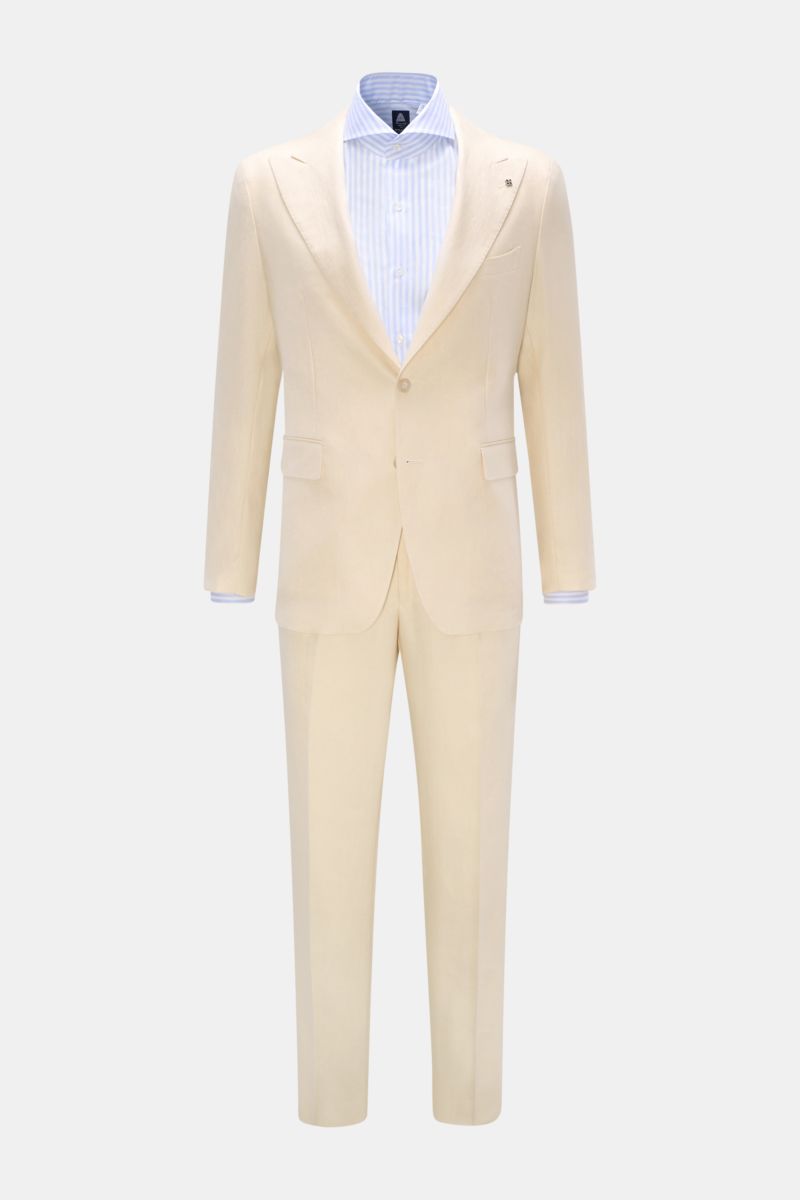 Tagliatore Leinenanzug 'Vesuvio' creme, Slim Fit Zweiteiler aus reinem Leinen, halb gefüttert, frontale Sicht mit tailliertem Sakko und Hose.