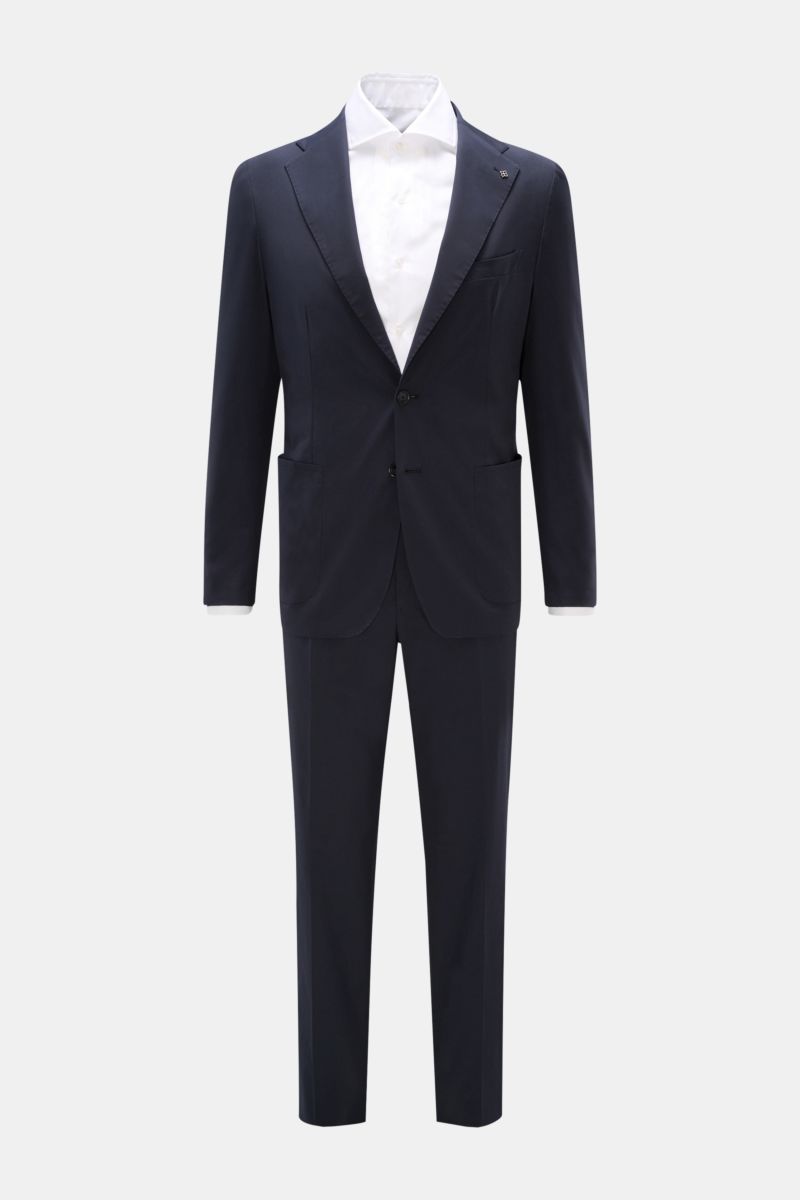 Frontale Ansicht des Tagliatore Anzugs 'Vesuvio' navy mit weißem Hemd, schlanker Silhouette, elastischer Baumwolle, Slim Fit und elegantem Zweiteiler.