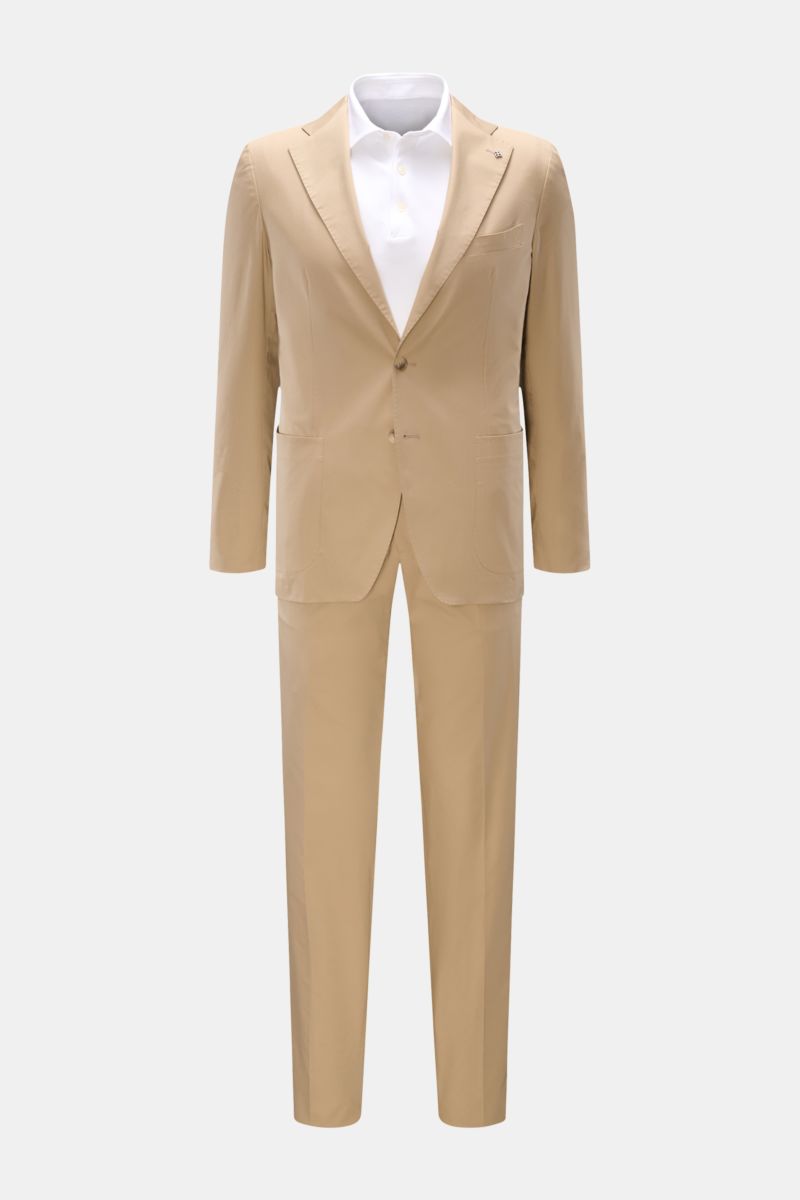 Tagliatore Anzug 'Vesuvio' beige, Vorderansicht, Slim Fit Zweiteiler aus elastischer, weicher Schurwolle ohne Pin-Stripes, halb gefüttert.