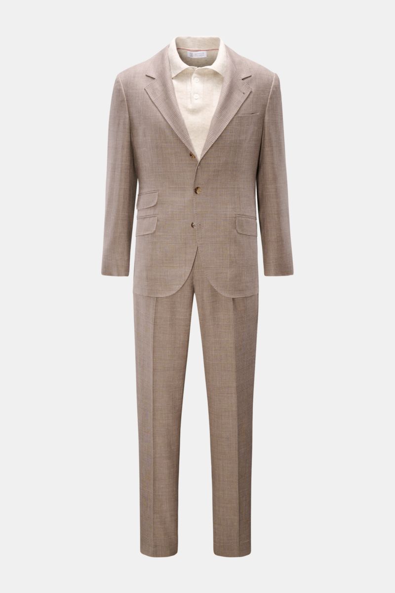 Brunello Cucinelli Anzug graubraun/grau kariert, frontale Ansicht, Unconstructed-Sakko Slim Fit, Regular Fit Hose, Woll-Seide-Leinen-Mix.