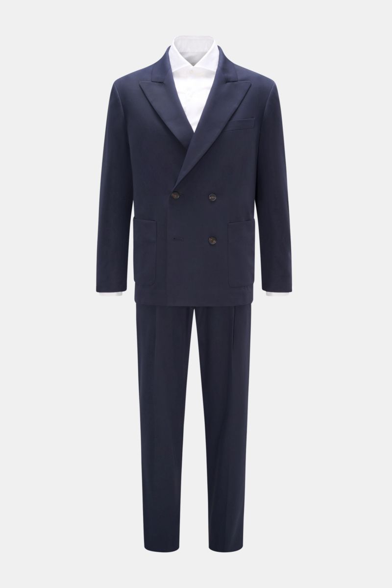 Frontansicht des Doppiaa Anzugs 'Aanversant' navy aus reiner Baumwolle, regular fit, unconstructed Sakko mit zweireihigem Drei-Knopf-Stil, Spitzrevers, Brusttasche, aufgesetzten Hüfttaschen, verdeckten Knöpfen an den Ärmeln und gerader Hose mit Button Fly