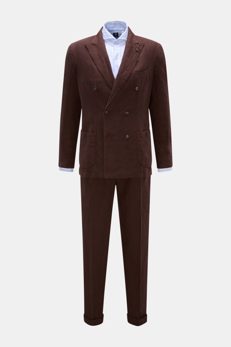 Santaniello Anzug braun aus reinem Leinen mit Slim Fit, tailliertem Sakko und schmal zulaufender Hose, frontale Produktansicht.