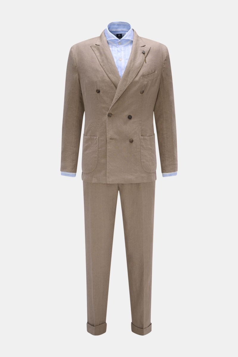 Santaniello Anzug grau aus reinem Leinen, Slim Fit, frontale Ansicht mit tailliertem Sakko, fallendem Revers und schmal zulaufender Hose.