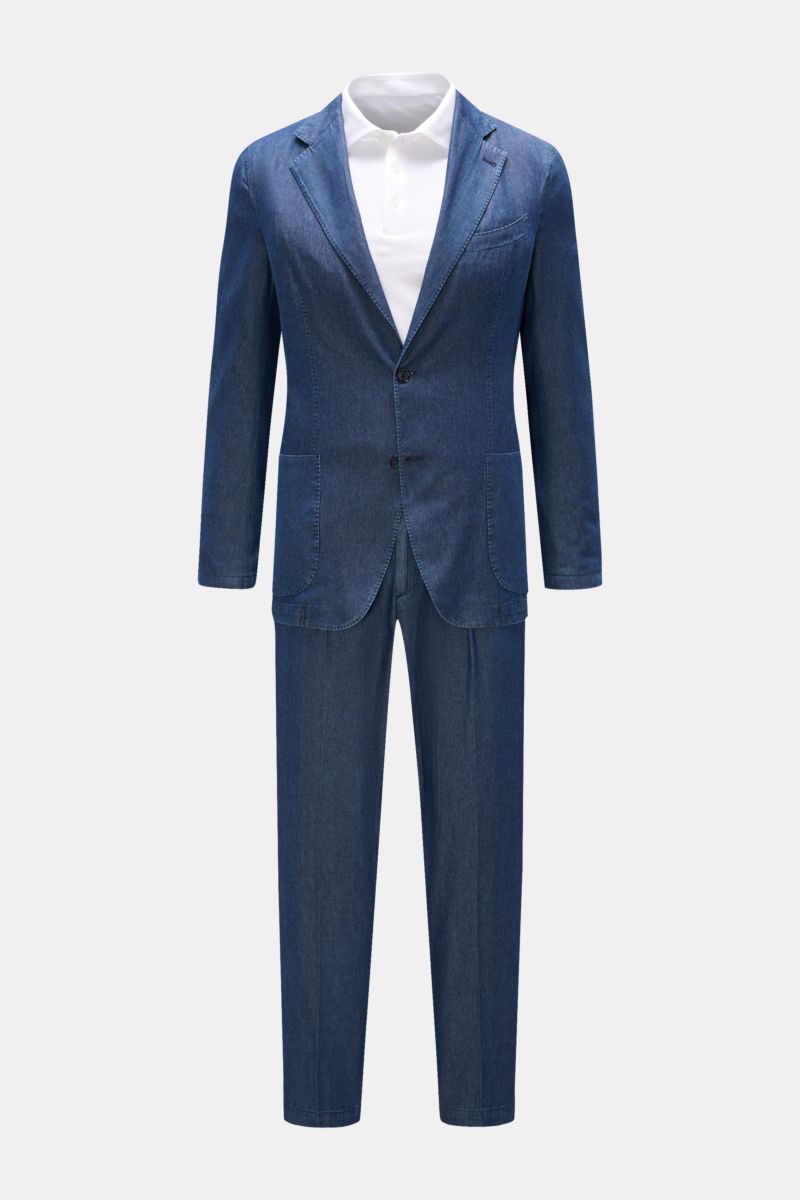 Front view of the Briglia 1949 Suit 'Greco' dark blue, a slim fit summer suit in lightweight pure cotton with a denim look, featuring a soft feel, unconstructed two-button jacket with step lapel, classic breast pocket, patch hip pockets, kissing buttons, 