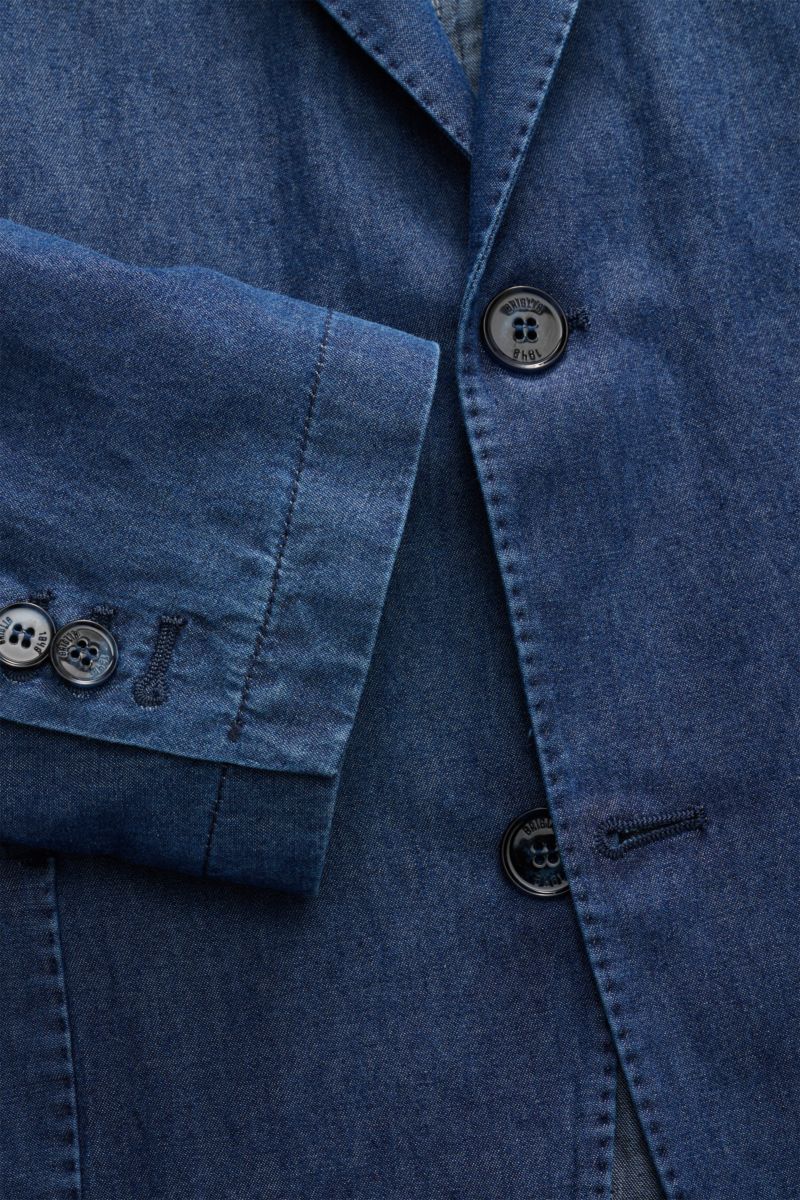 Close-up front view of the Briglia 1949 Suit 'Greco' dark blue jacket showing lightweight cotton fabric, slim fit, two-button style with step lapel, and branded buttons.