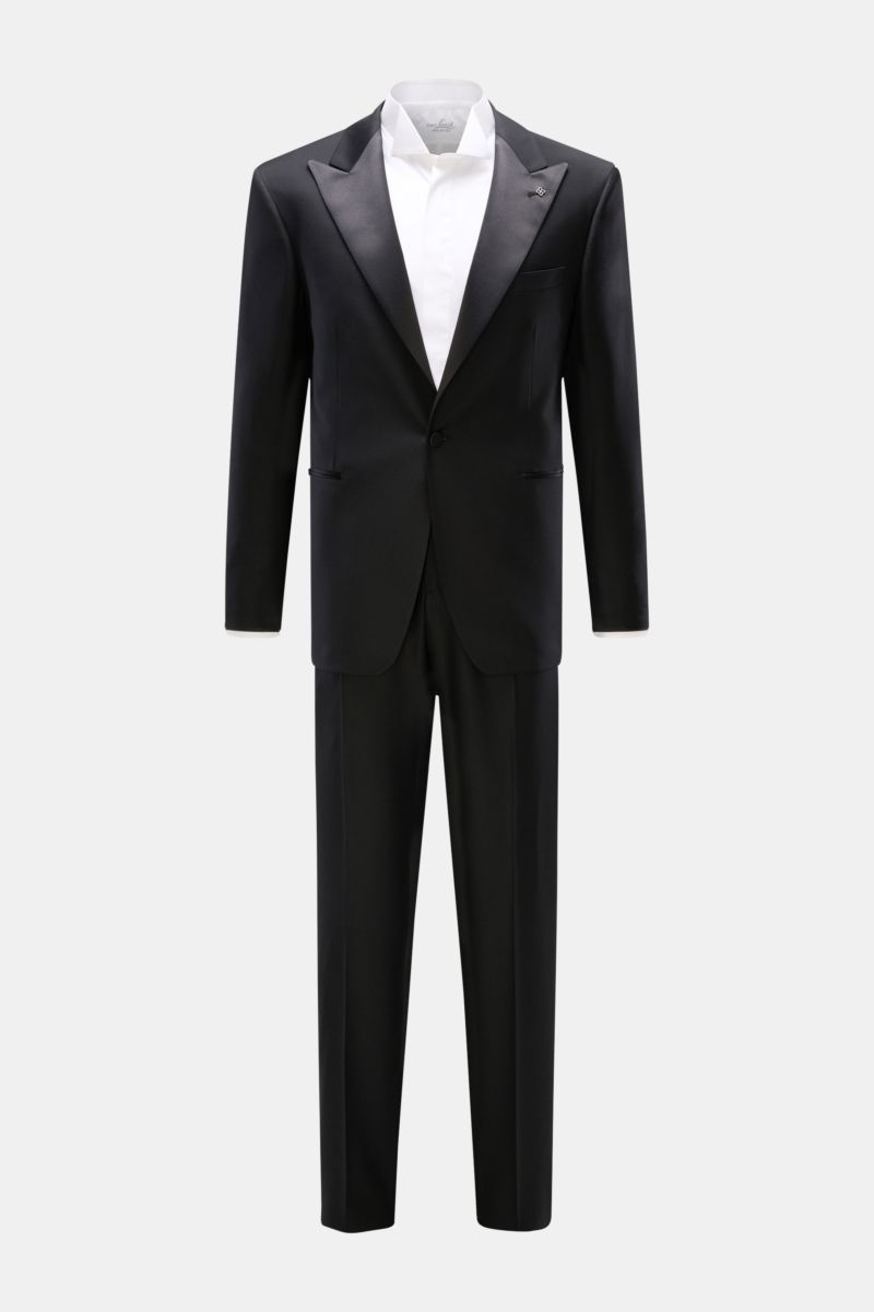 Tagliatore Tuxedo black displayed front-facing on a white background, Italian evening wear in pure Super 110'S virgin wool with slim fit, one-button jacket with satin lapel, signature pin, breast and jetted hip pockets, unfinished cuffs, and trousers with