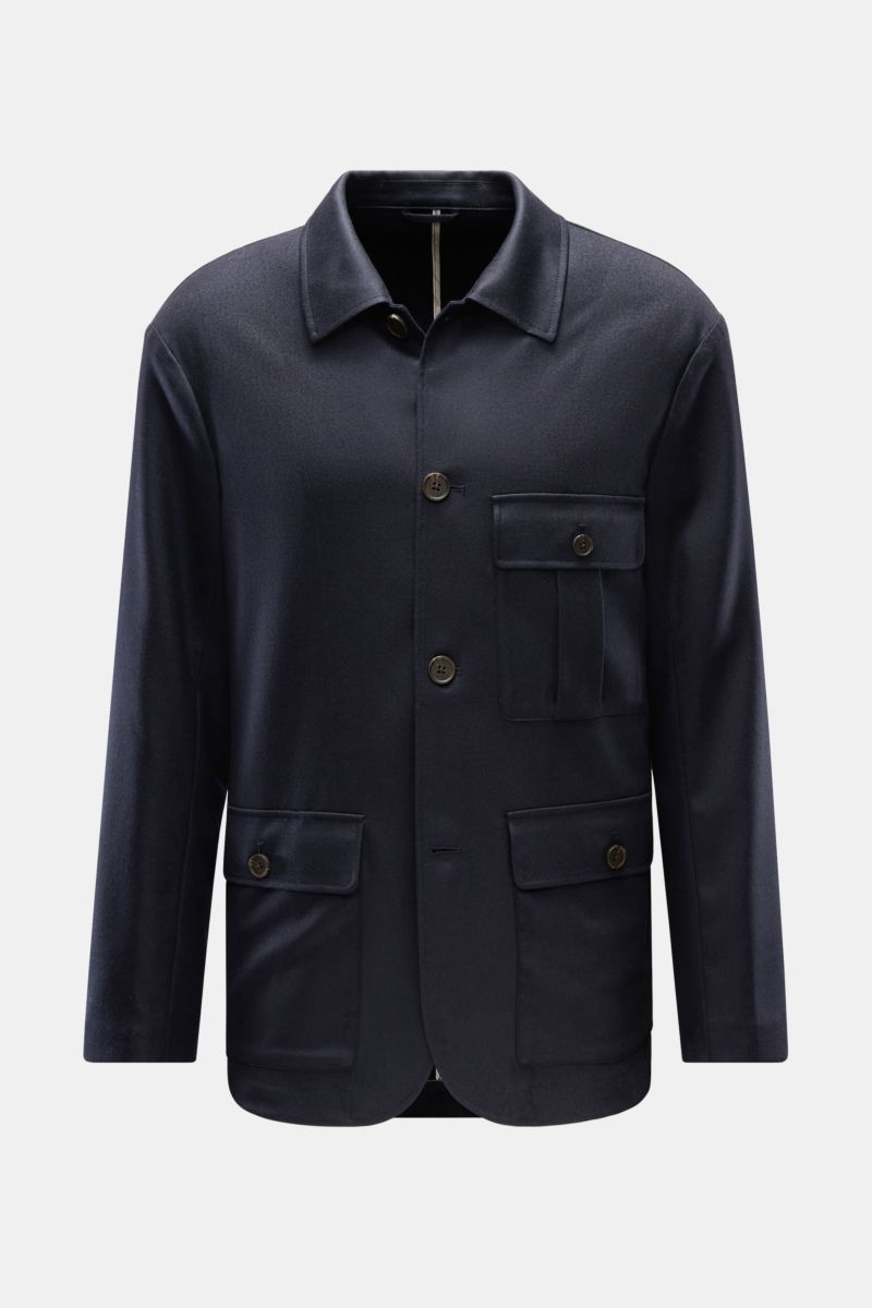 Alt tag (124 characters): Front view of Emporio Armani Blazer dark navy made of slightly stretchy wool with patch pockets and four-button safari style.

Description: Distinctive, lightweight, stylish: This blazer in slightly stretchy wool by EMPORIO AR