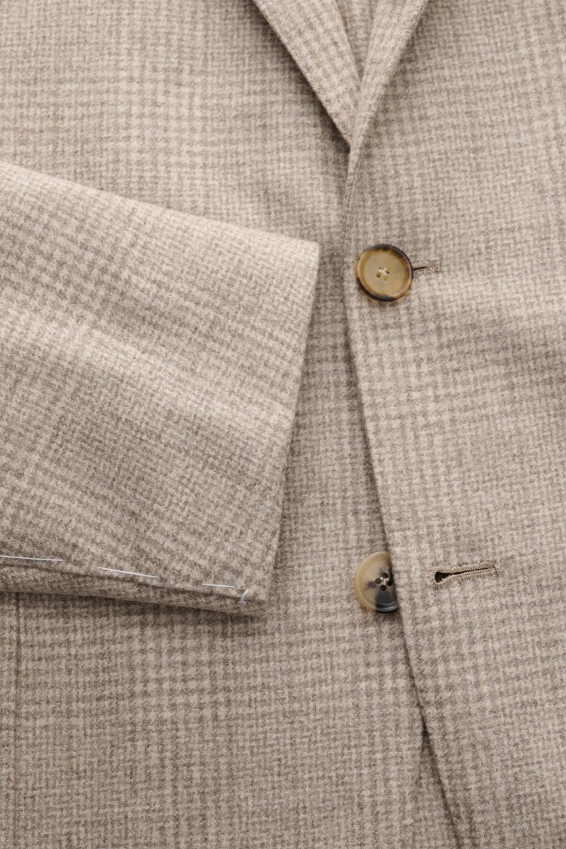 Borrelli Sakko 'Procida' beige/hellgrau kariert in Slim Fit, unkonstruierter Drei-Knopf-Stil mit fallendem Revers, Detailansicht von vorne.